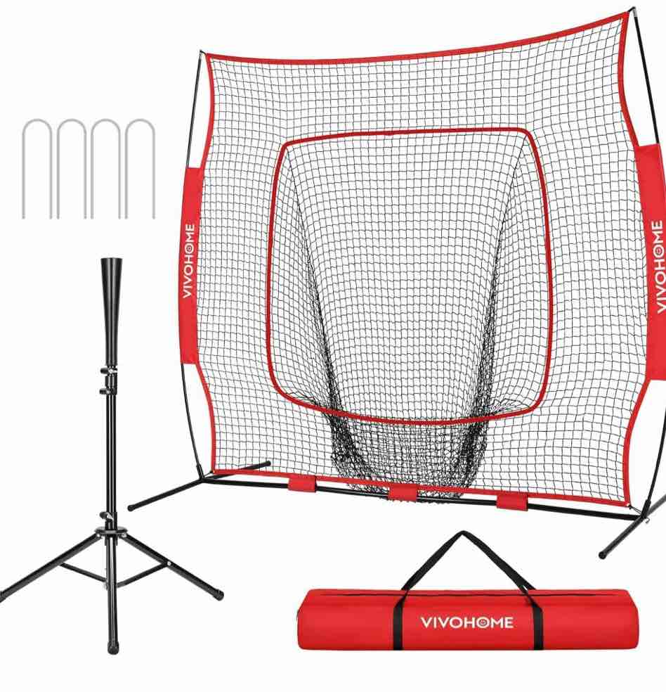 specstar 7x7ft baseball softball practice net with strike zone target tee and carry bag  red