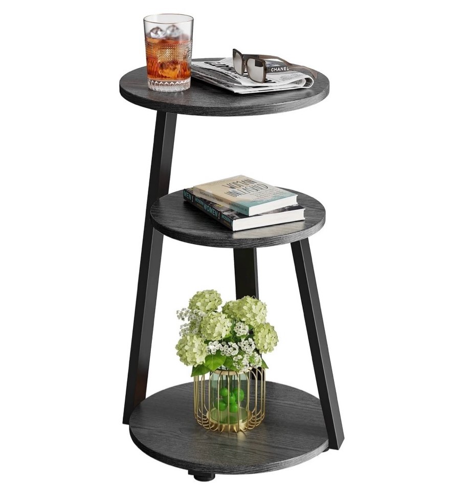 biemlerfn end side table, round sofa table with metal frame, 3-tier coffee table nightstand for home, black&grey