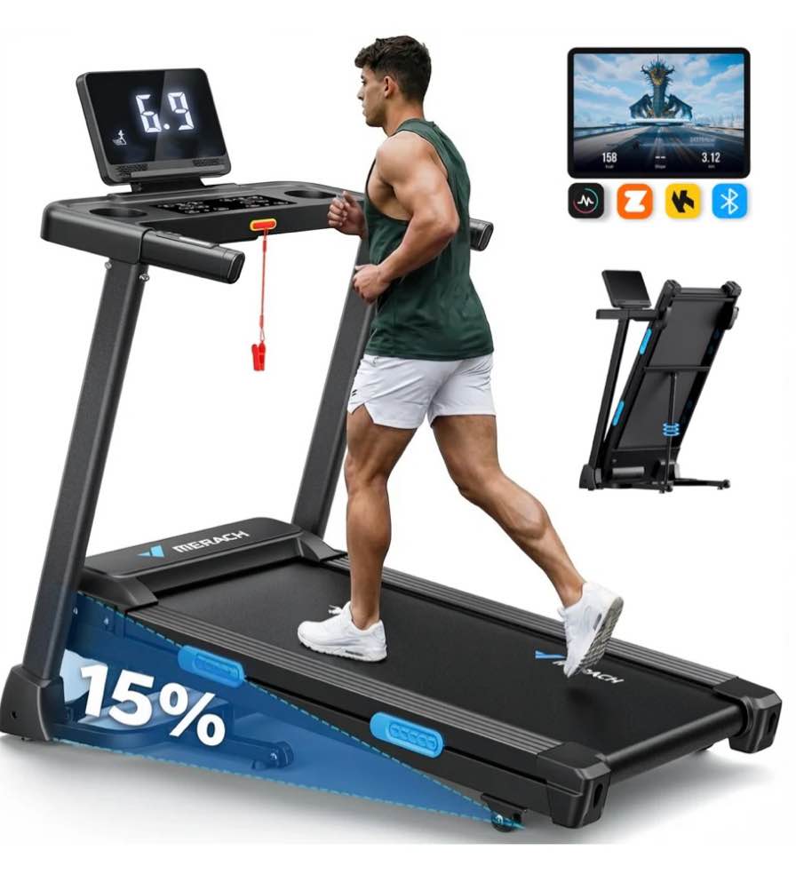 merach folding treadmill with 15% auto incline, fitness treadmill for home with app, 300 lbs capacity 15% auto incline