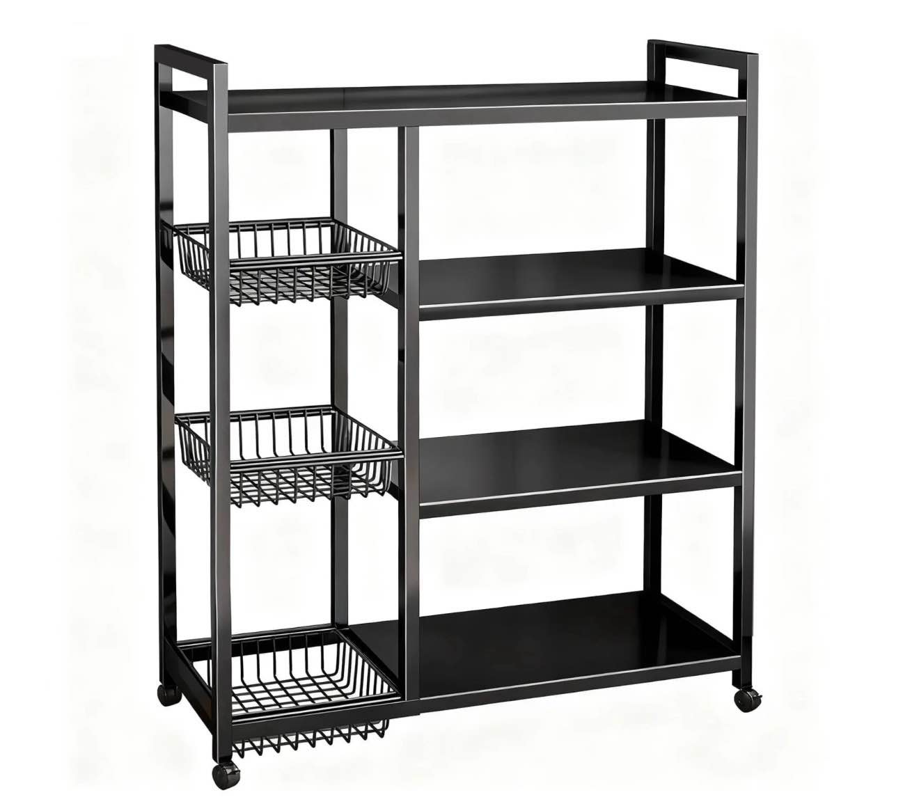movable wire rack, heavy-duty 4-tier storage shelf with 3 baskets and wheels, metal shelves organizer for kitchen, bathroom, office, garage, 31.5''l*12.6''w*42.5''h