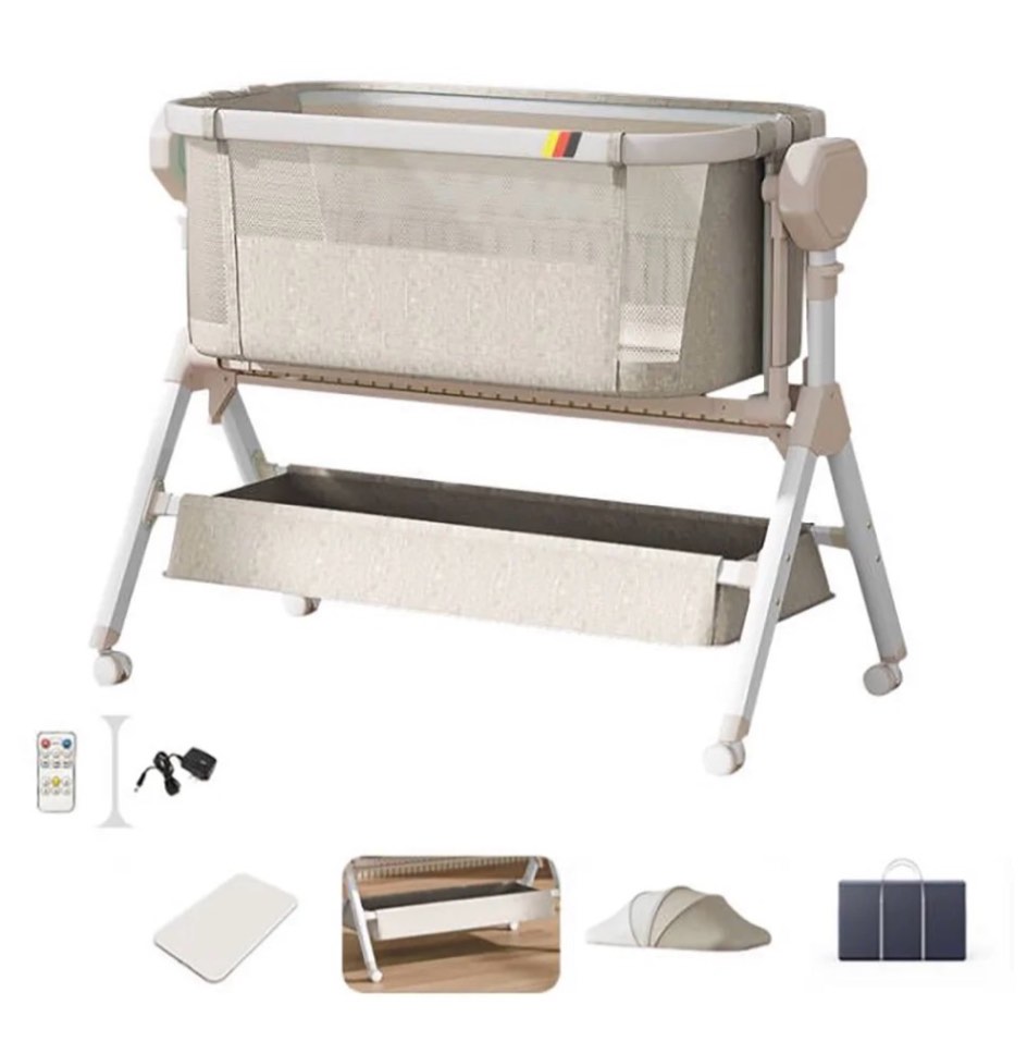 steanny bassinet,electric rocking bassinet,bedside co-sleeper,unisex baby travel bed with wheels(khaki)