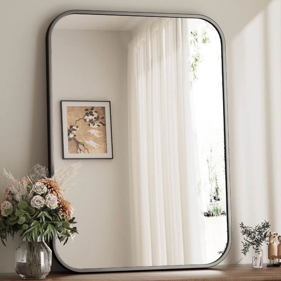 beautypeak 20"x28" wall mirror rounded corners hanging vanity mirror black