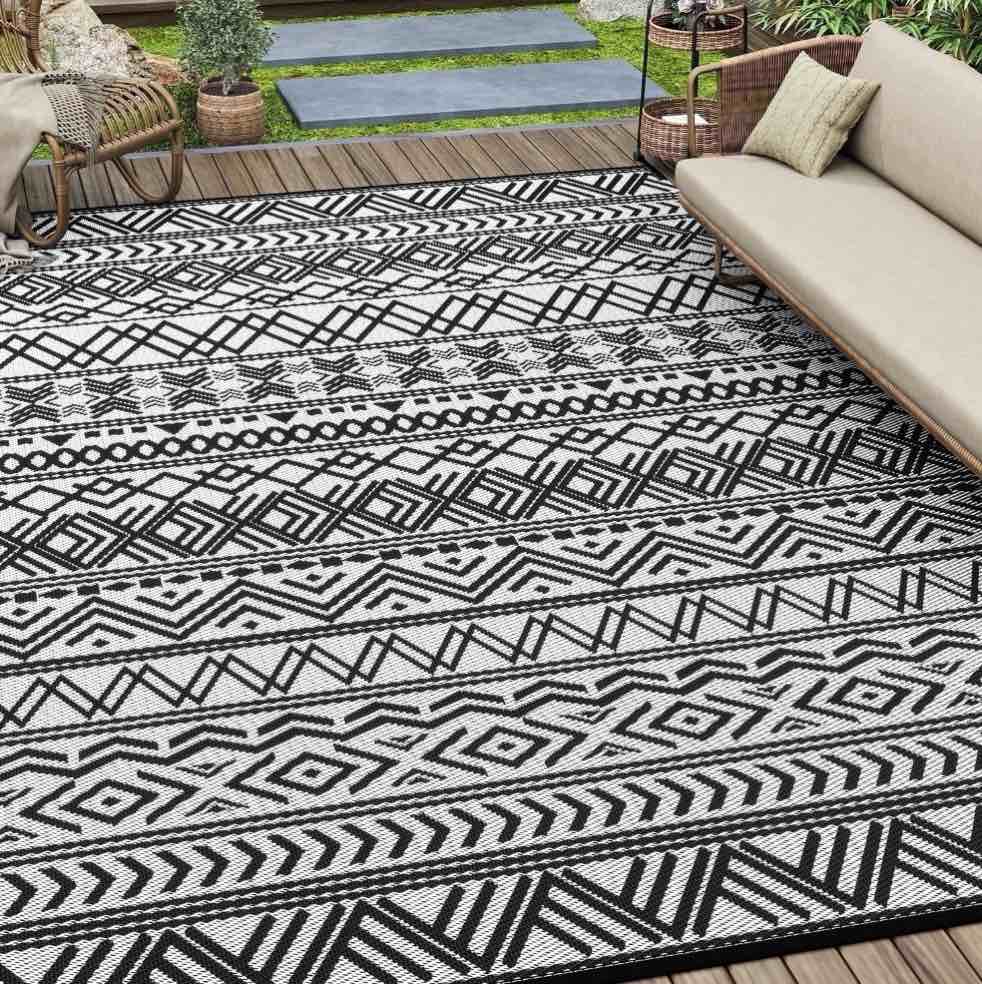 sixhome outdoor rug 9 x12  waterproof reversible patio rug boho geometric indoor outdoor rugs lightweight plastic straw ourdoor carpet for rv camping deck balcony modern porch decor black and white