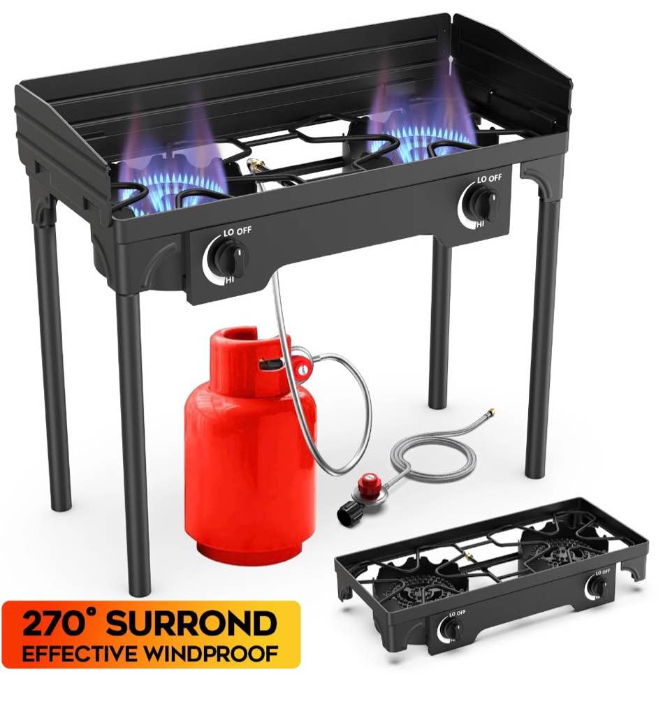lnow gas cooker outdoor propane camping stove with wind panel picnic stove stand bbq grill portable 150000 btu gas stove 2 burner for camping