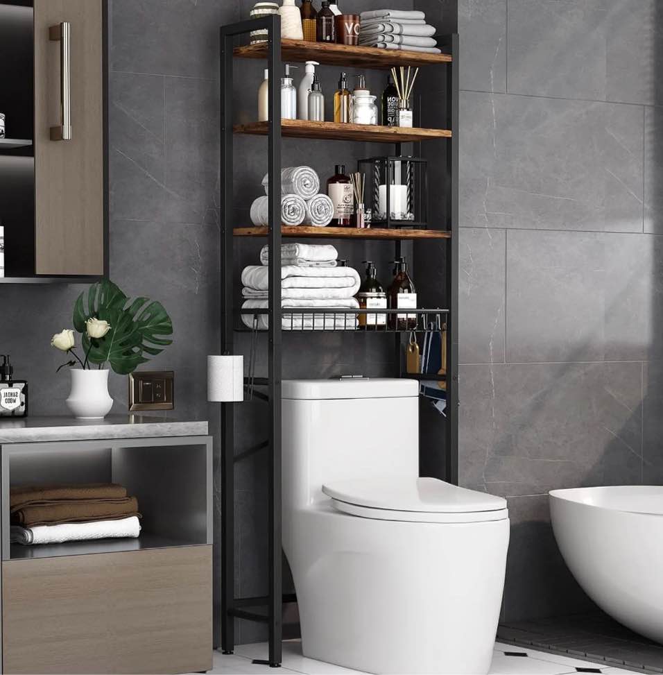 kalrin over the toilet storage shelf, 4-tier wooden bathroom organizer adjustable saver space rack with toilet paper holder, brown one size
