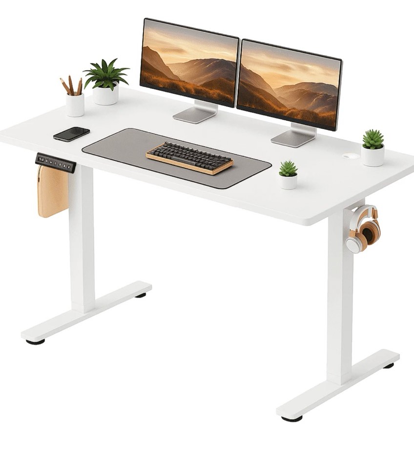 concetta electric height adjustable desk, 55"x24" ergonomic sit stand workstation, one-touch lift home office desk, white