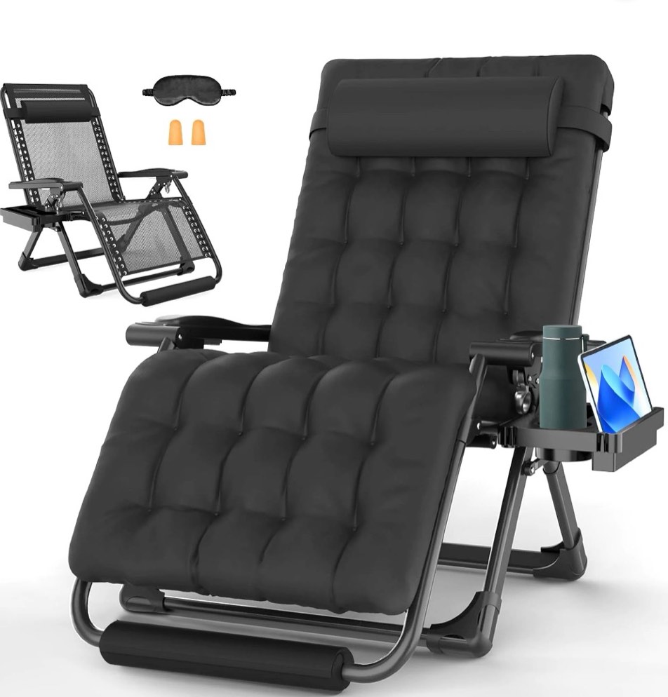 gvdv oversized zero gravity chair, 33in xxl lounge chair 500lbs capcity with removable thick cushion, lawn patio reclining chair upgraded alloy lock and cup holder, for indoor outdoor, black