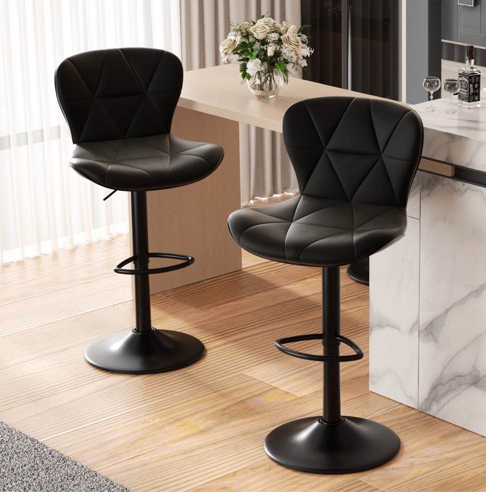 hawsaiy modern bar stools set of 2, adjustable faux leather upholstered swivel bar stools, counter height bar chairs with back for kitchen island, black