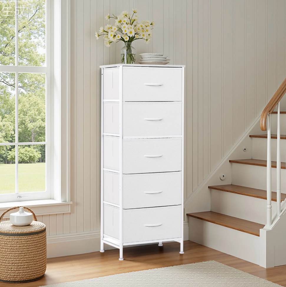 edx 5 fabric dresser with 5 storage drawers, tv stand with wooden top metal frame for clothes, living room, hallway, entryway, white