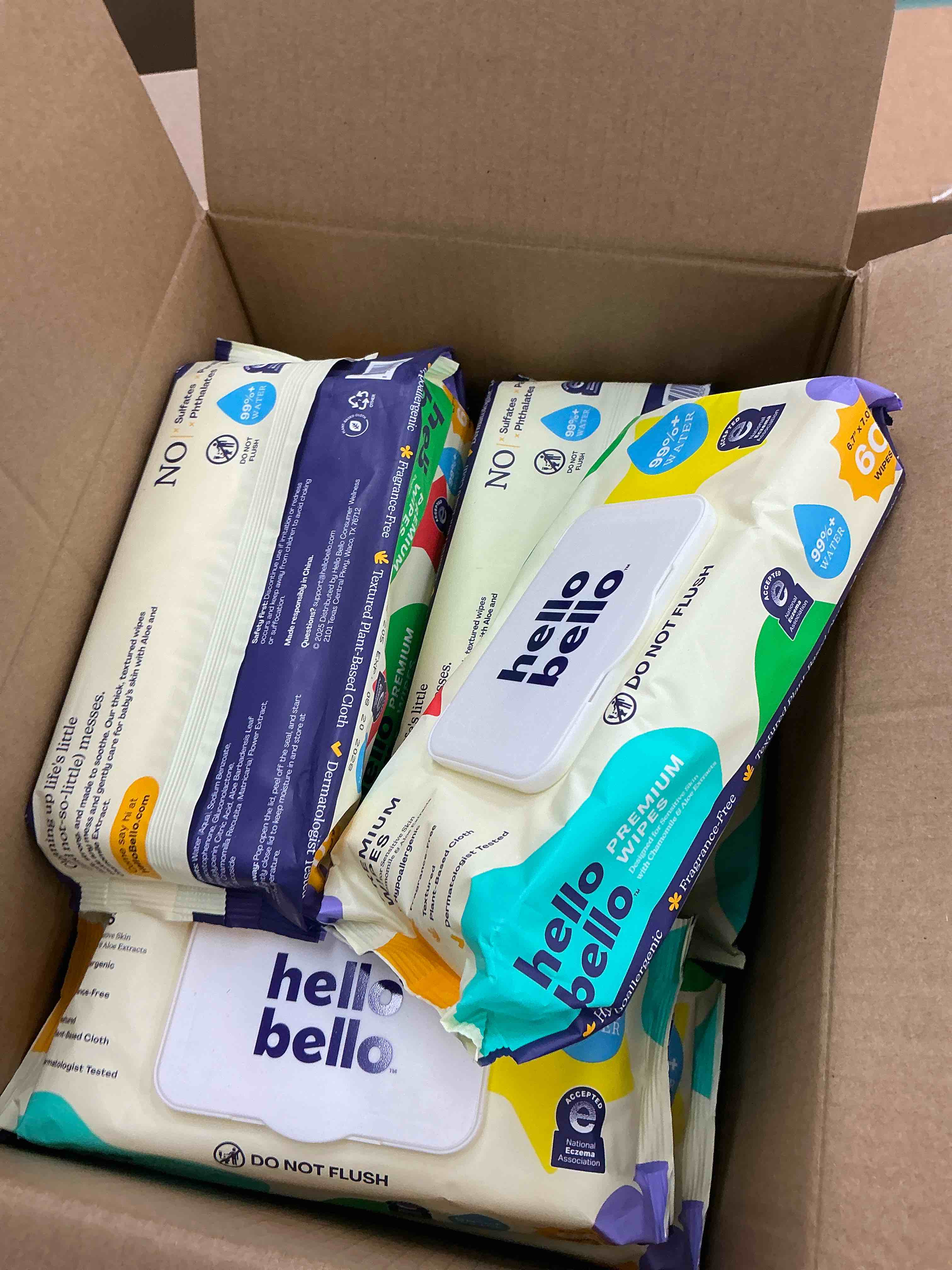 Condition photo showing New/Like New for hello bello extra gentle unscented baby wipes, plant based, made with 99% water and aloe for babies and kids, 720 count 60 count (pack of 12) fragrance free - old version