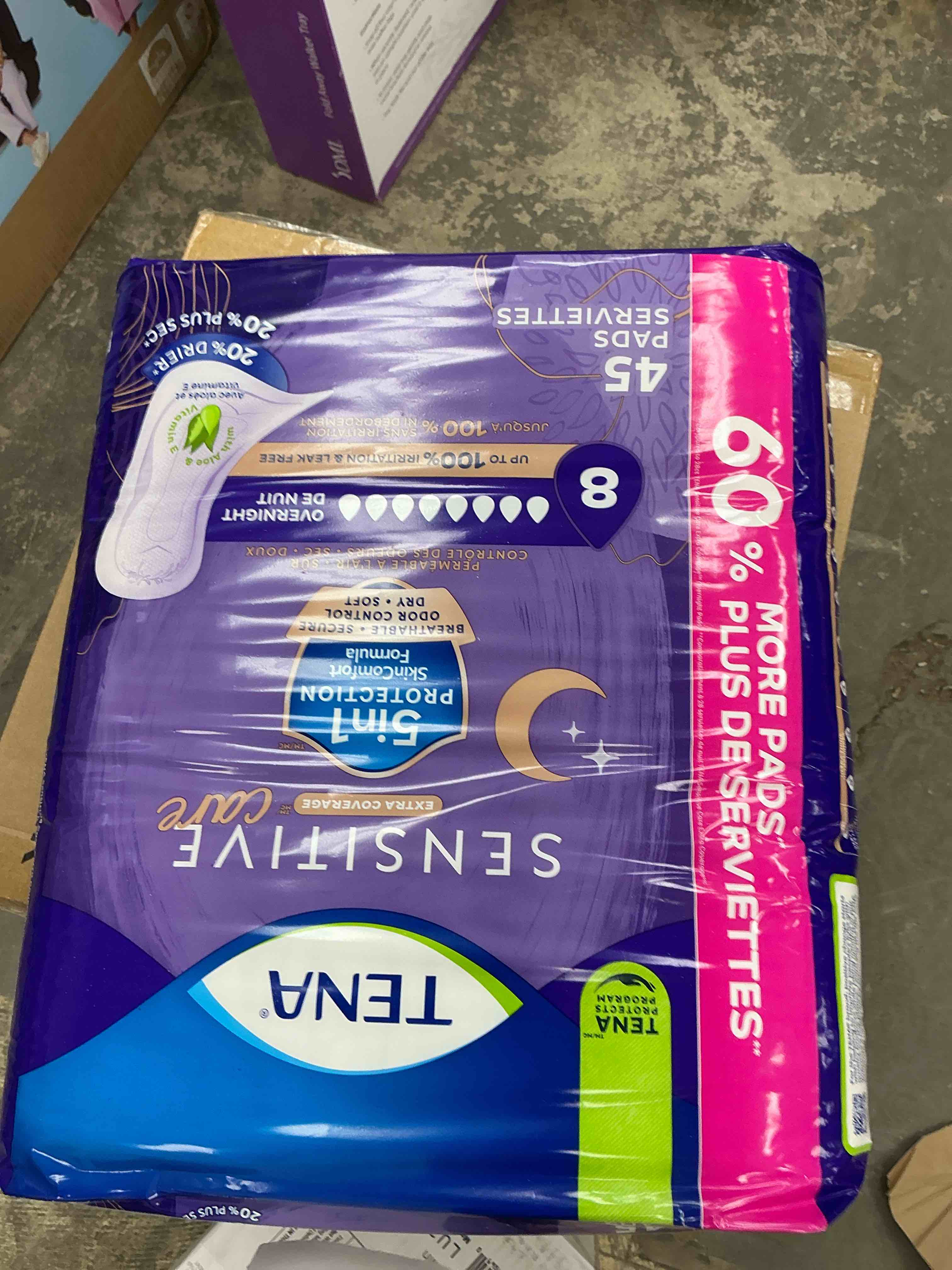 Condition photo showing New/Like New for tena intimates overnight pad, 45 count