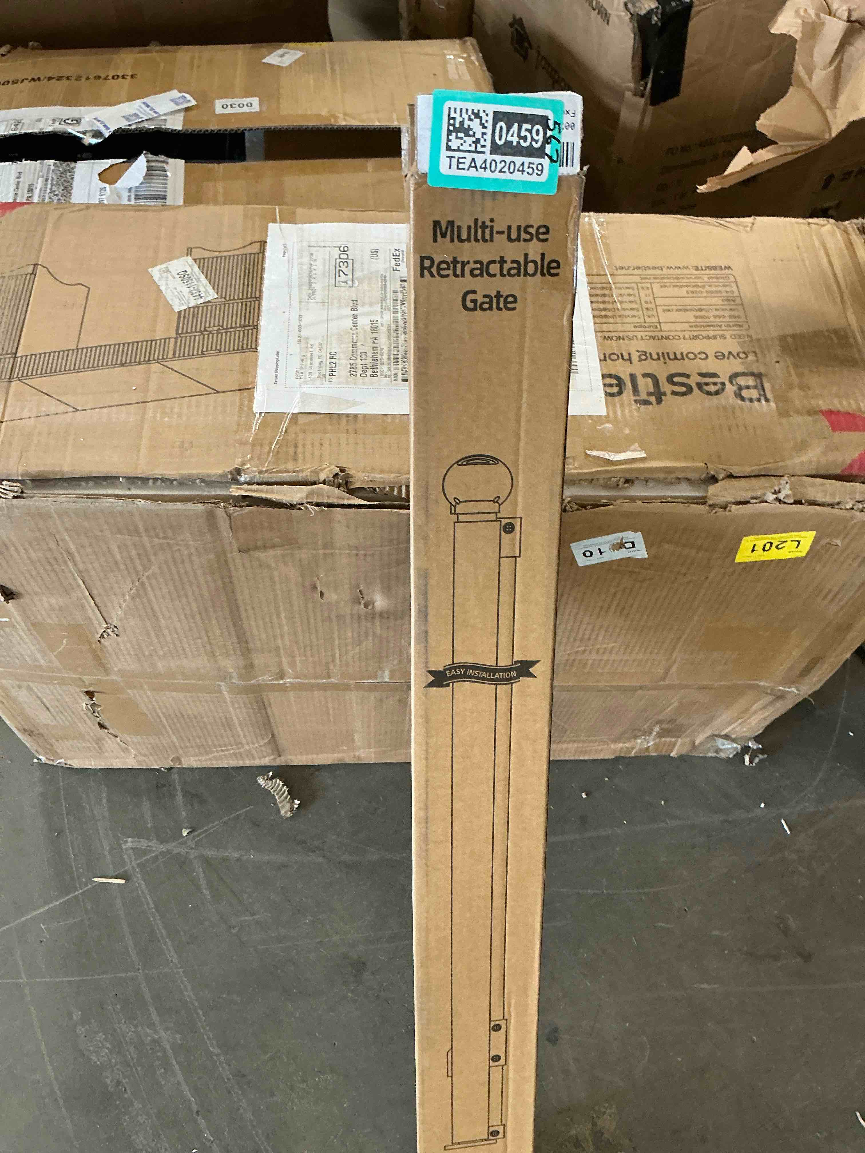 Condition photo showing Good Condition for retractable baby gate, extends to 57 in. wide, 38.5 in. tall