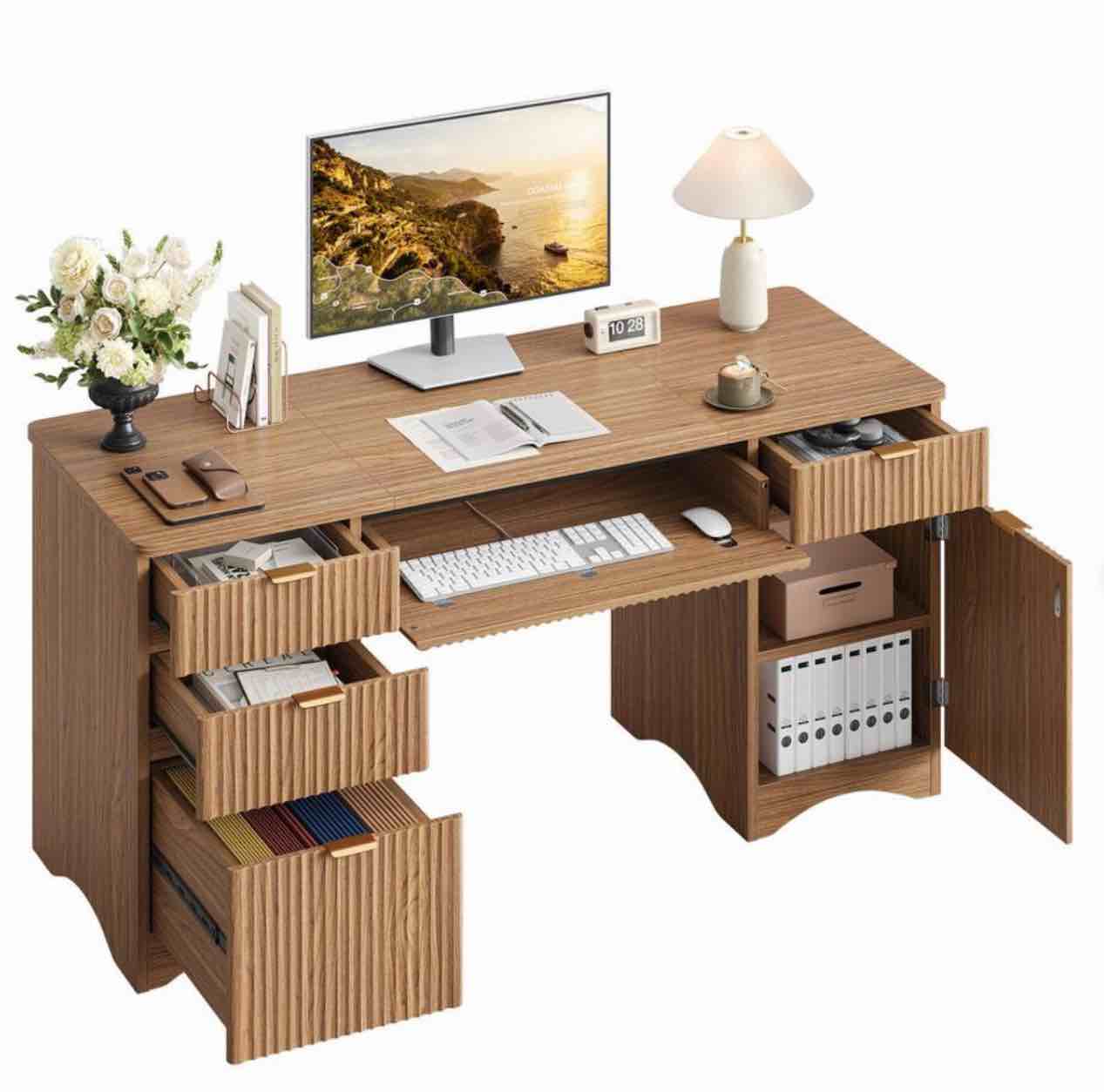 Condition photo showing New/Like New for bestier - 63" executive desk with ergonomic keyboard tray, 4 drawers and magnetic lock cabinet - brown oak