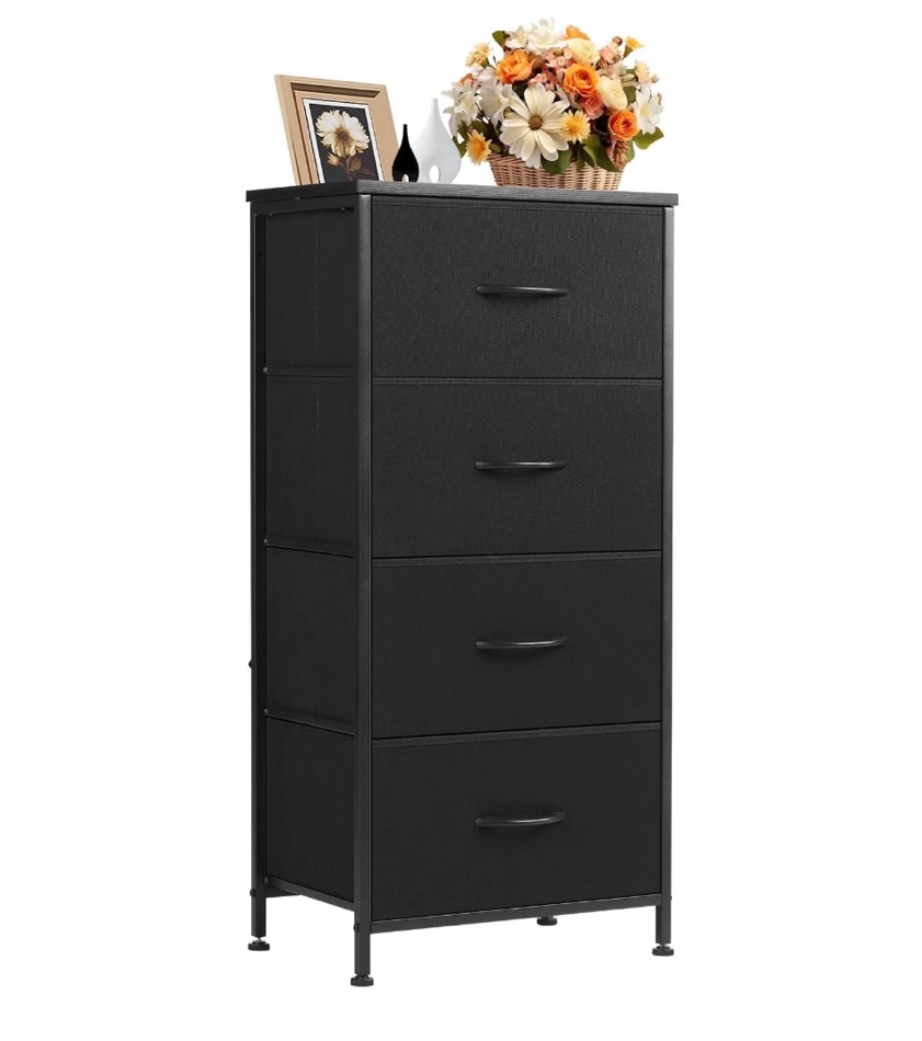 Condition photo showing New/Like New for concetta 4 drawer dresser, wide chest drawers nightstand storage tower storage fabric dresser with wood top for living room, bedroom, closet, black