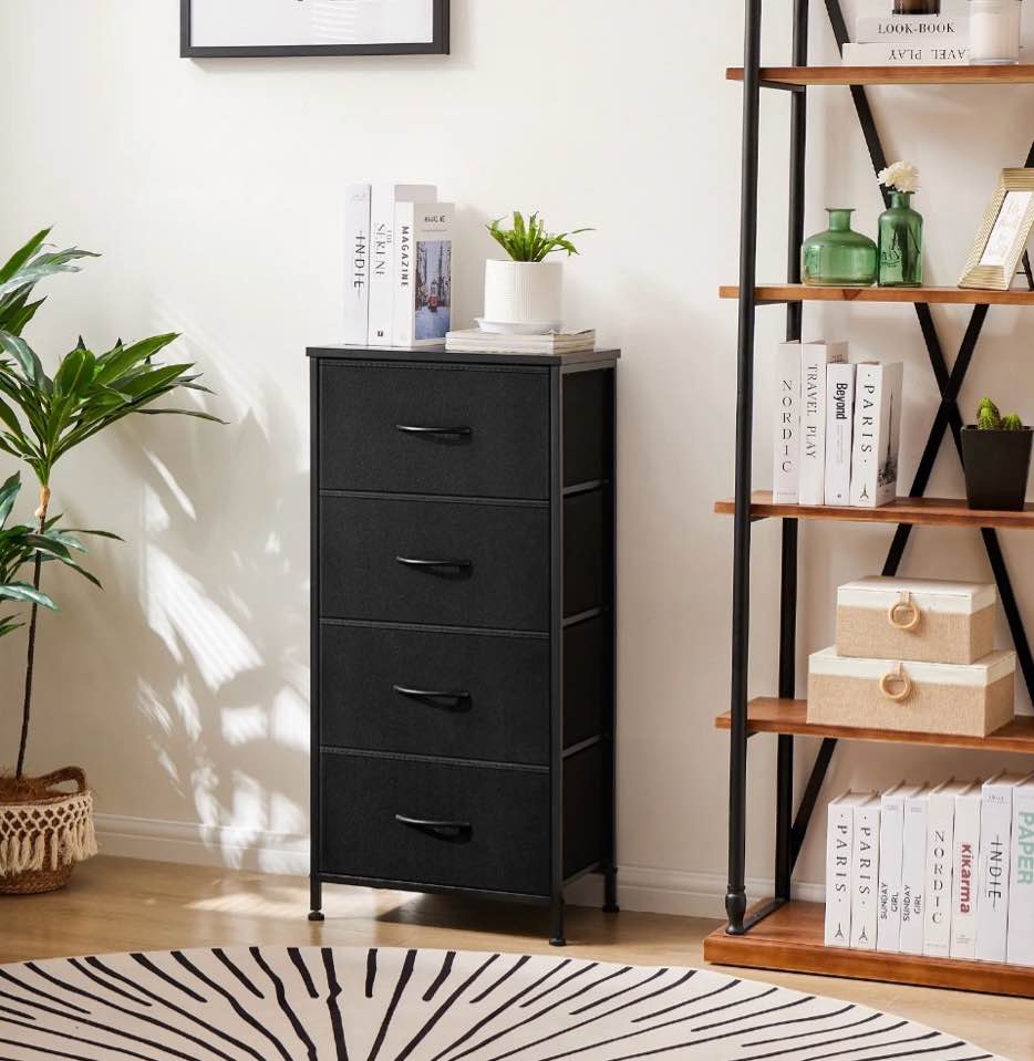 concetta 4 drawer dresser, wide chest drawers nightstand storage tower storage fabric dresser with wood top for living room, bedroom, closet, black