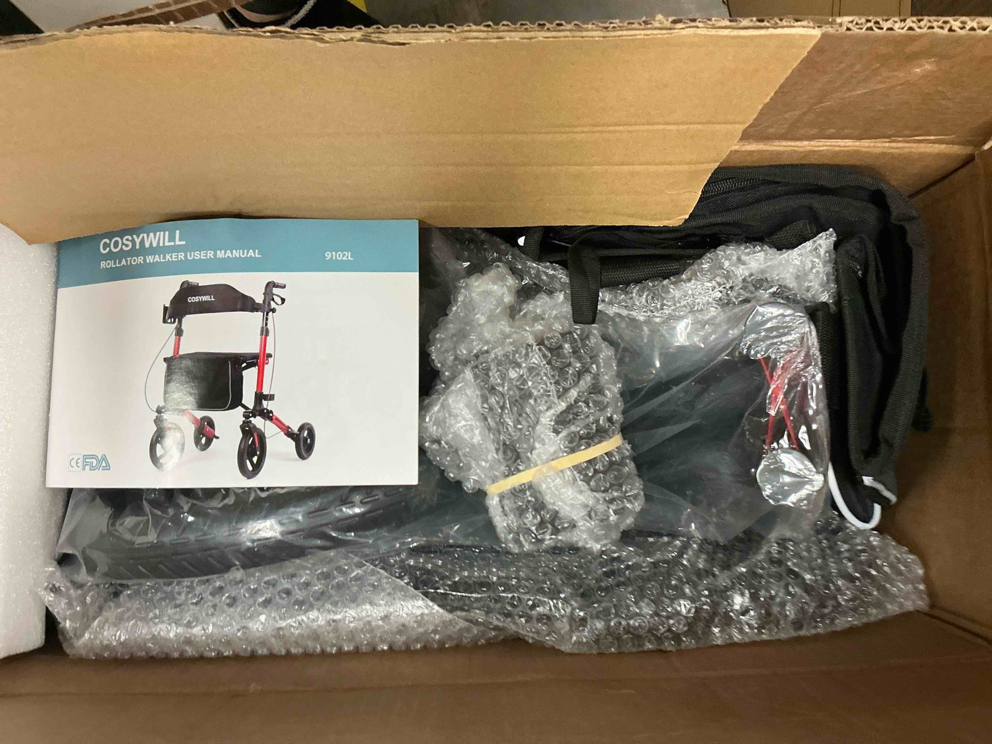 Condition photo showing New/Like New for cosywill walkers for seniors,foldable rollator walker with seat,mobility walkers with 10" big wheels, adjustable handles and backrest height,dark red