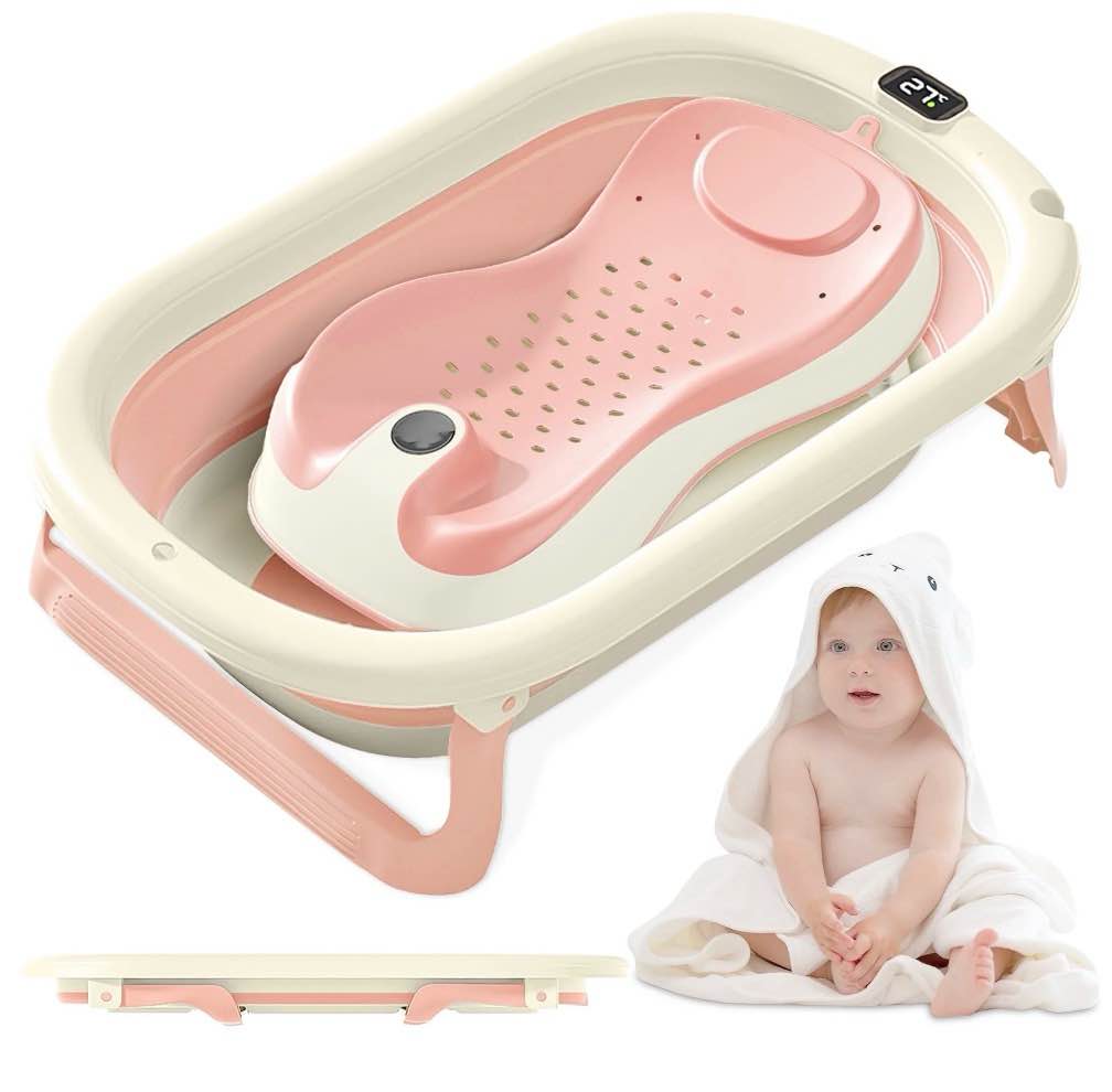 rupoun foldable baby bathtubs, collapsible bathtub for infant newborn boys and girls, portable, plastic, pink