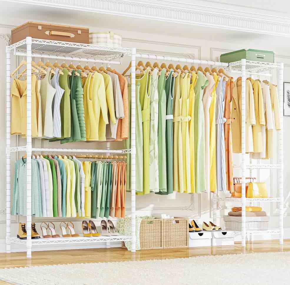 ulif e10 clothes rack?with stretchable hanger rod?freestanding clothing racks for hanging clothes?portable garment rack 800lbs?white