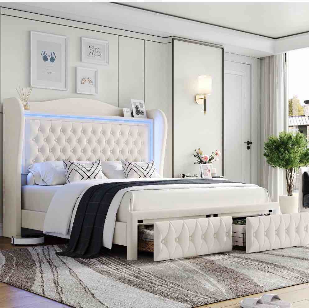homfa queen size led bed frame with storage drawers, 54in tall velvet upholstered headboard platform bed with wingback buttons headboard, beige queen ( 2 boxes )