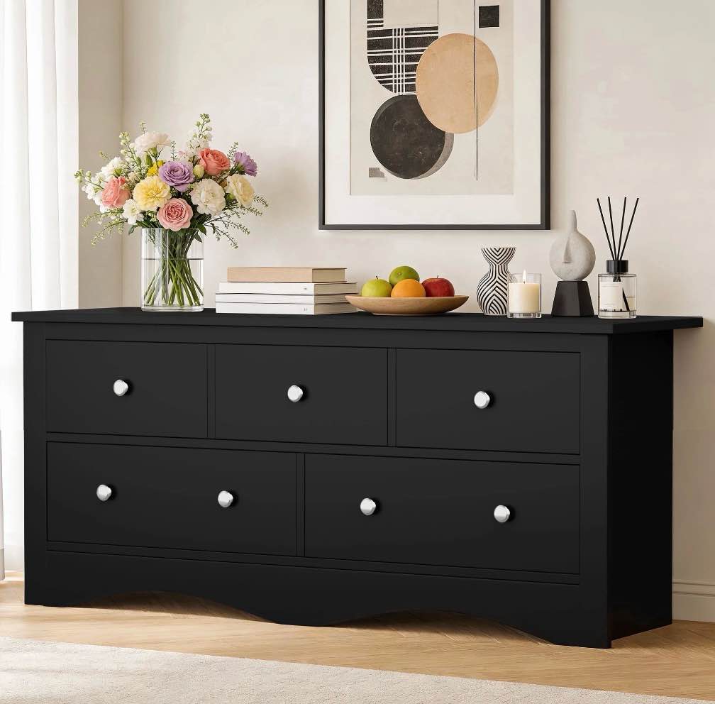 homall 5 drawer double dresser, modern wood chest of drawer for living room bedroom,black