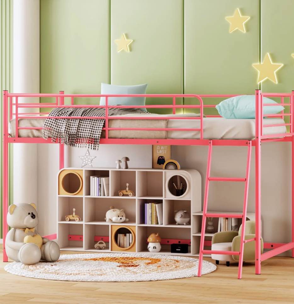 zimtown junior metal twin loft bed, pink