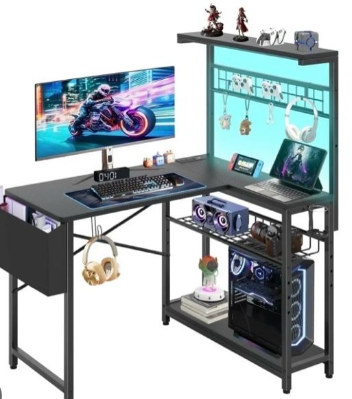 Condition photo showing New/Like New for gaming desk with led lights, 44'' computer desk with reversible shelves, pc gamer desk with side storage bag, hooks and height adjustable shelf for home office, carbon fiber grey