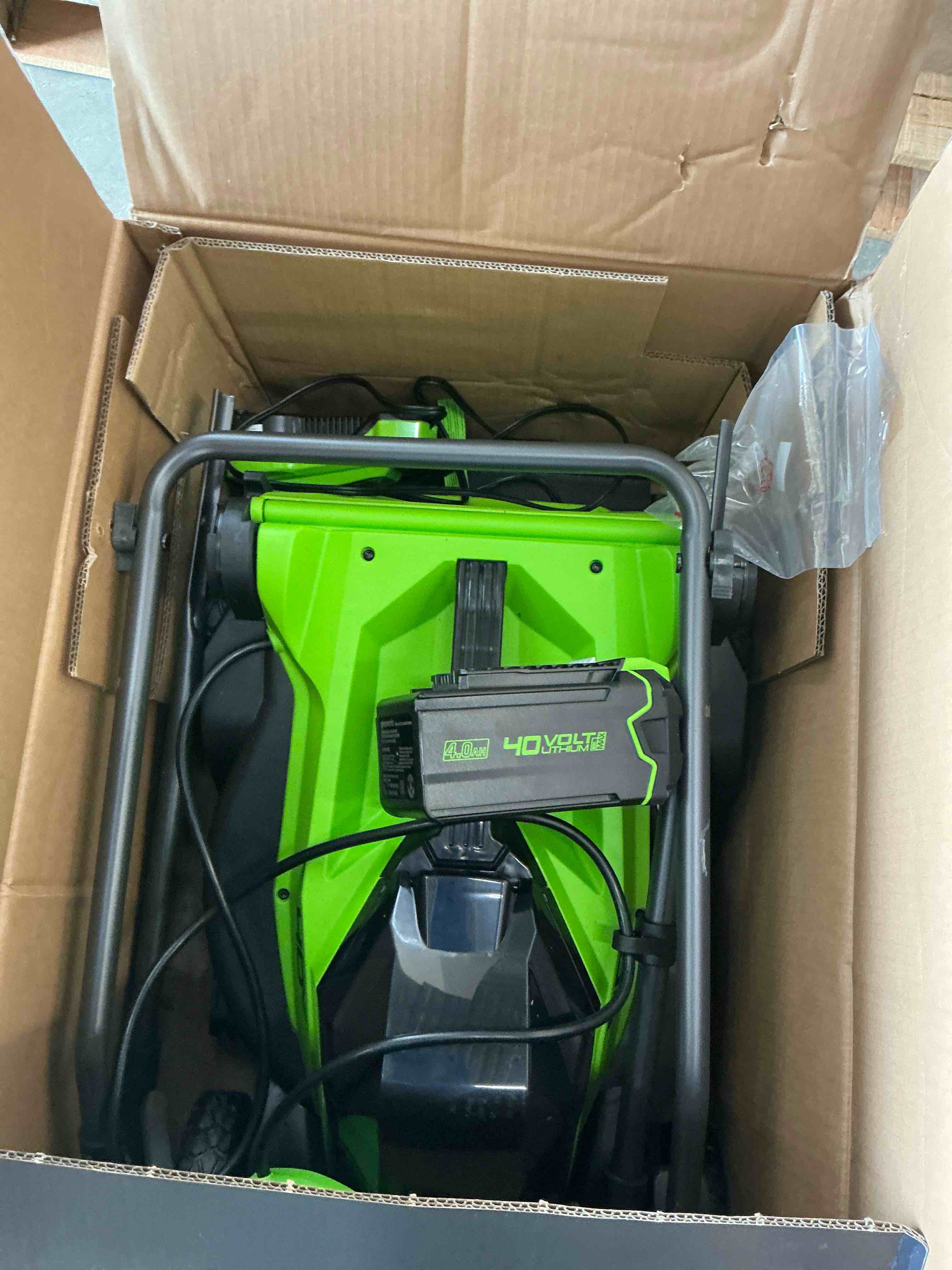 Condition photo showing Good Condition for greenworks 40v 14”? brushless (push) cordless lawn mower, 4.0ah battery and charger