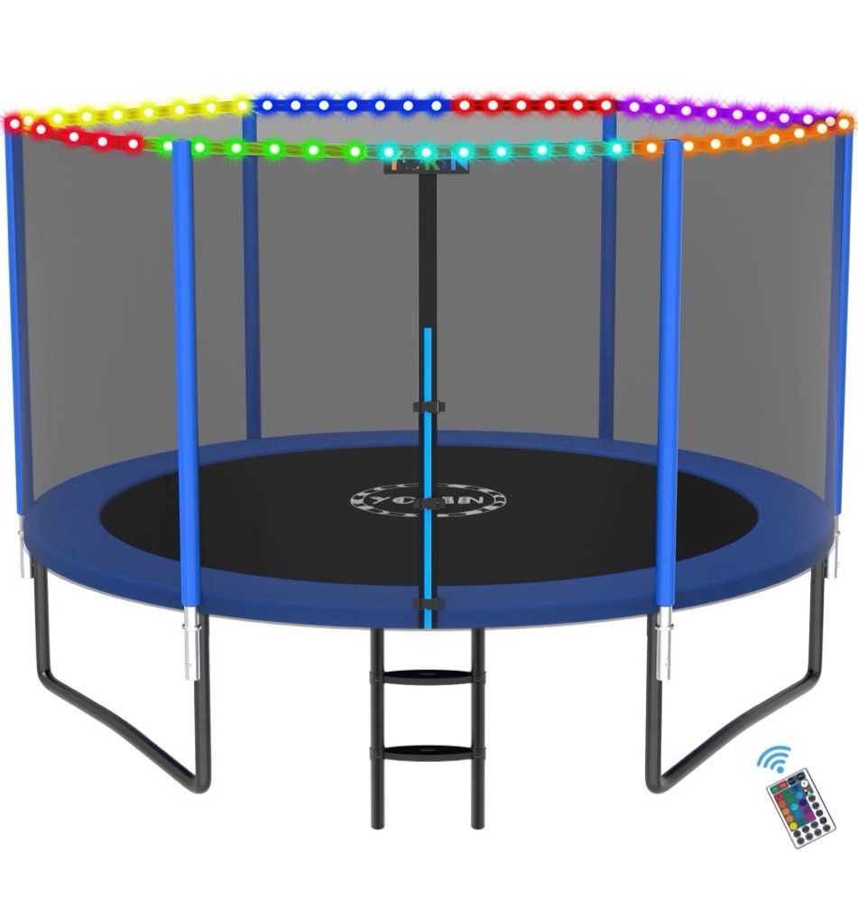 yorin trampoline for 2-3 kids, 8ft 10ft 14ft 12ft trampoline for adults with enclosure net, ladder, light, 800lbs weight capacity outdoor round recreational trampoline, heavy duty trampoline