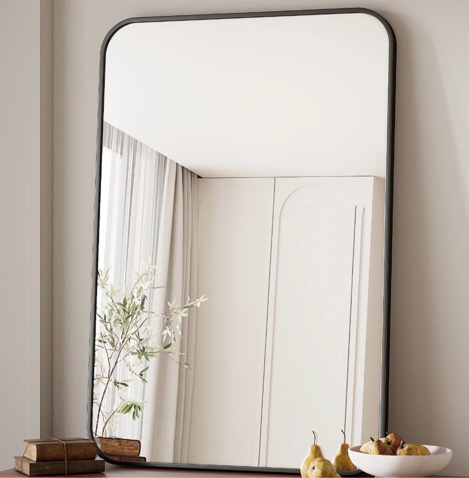 BEAUTYPEAK 26"x38" Wall Mirror Rounded Corners Hanging Vanity Mirror Black