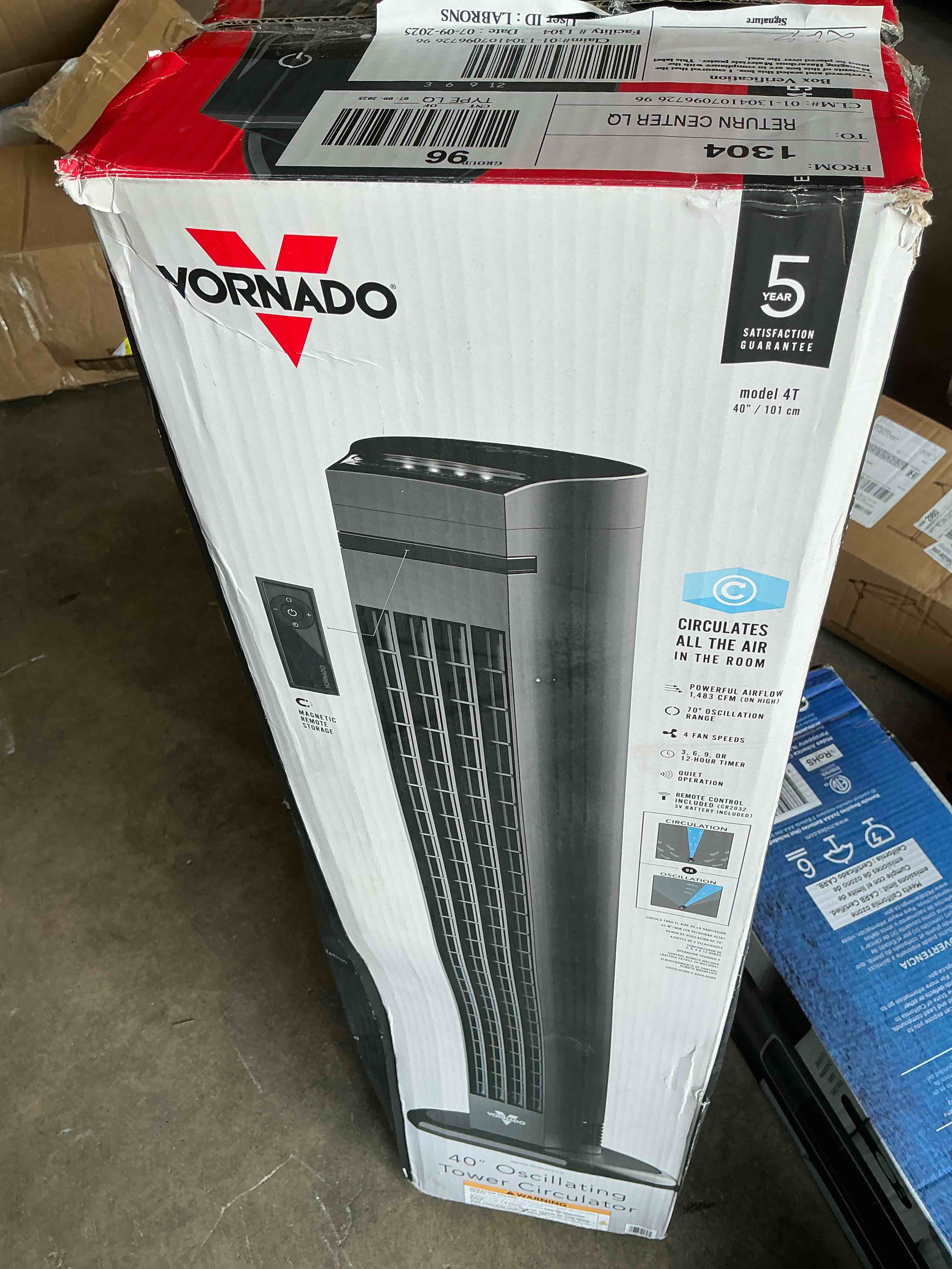 Condition photo showing Good Condition for vornado 4t oscillating tower fan with remote control, 40" tall, black (new)