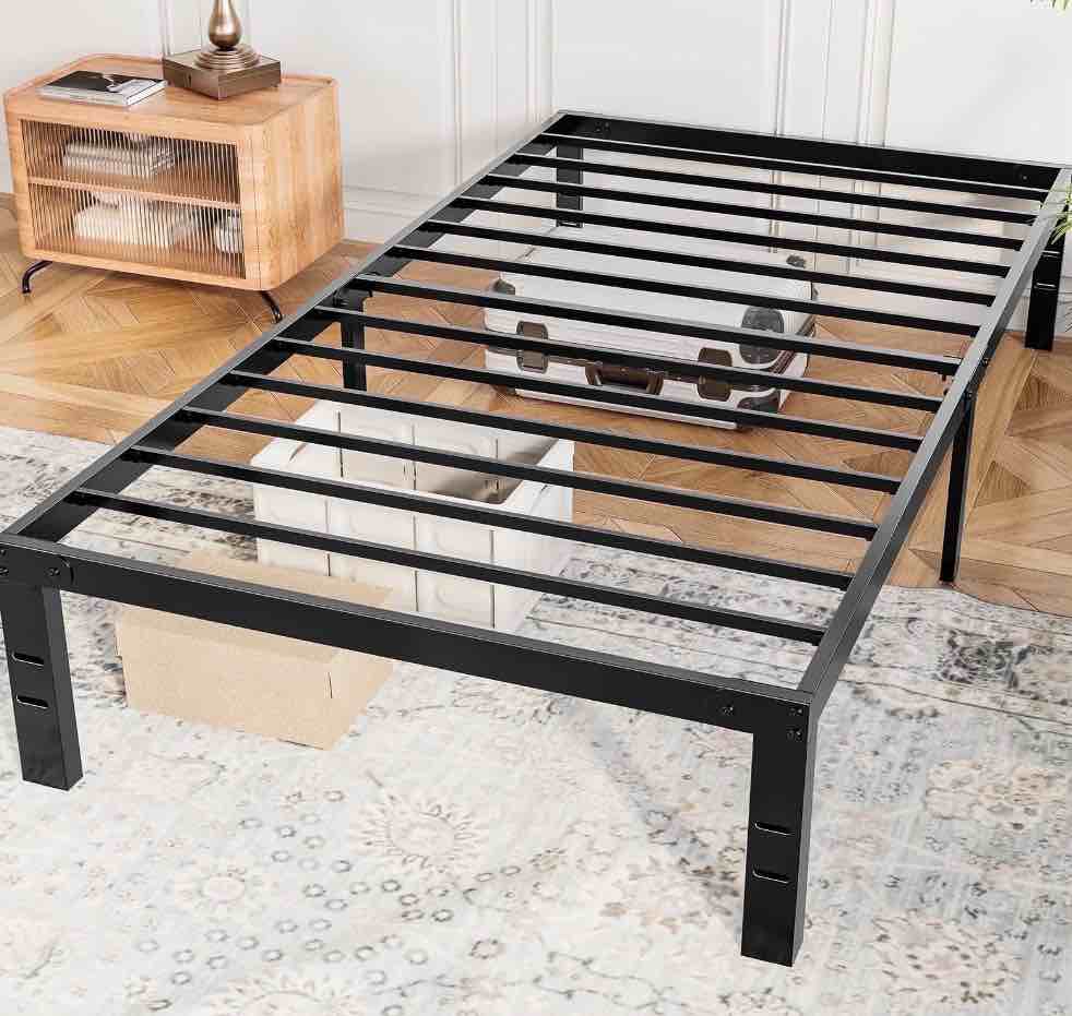 concetta 14" twin bed frame, heavy duty metal platform bed frame with underbed storage for bedroom, no box spring required, black