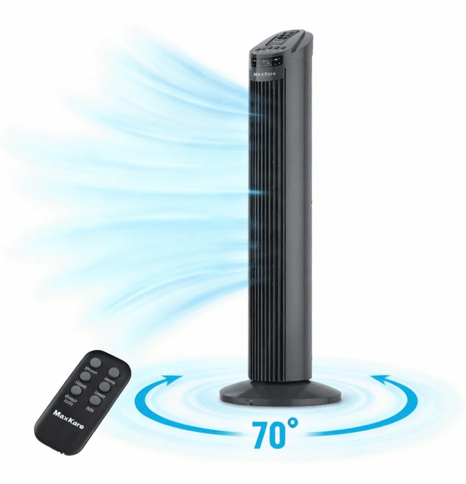 maxkare 30  tower fan 70° oscillating cooling fan with remote control 3 speeds 3 wind modes  7.5h timer  gray  brand new