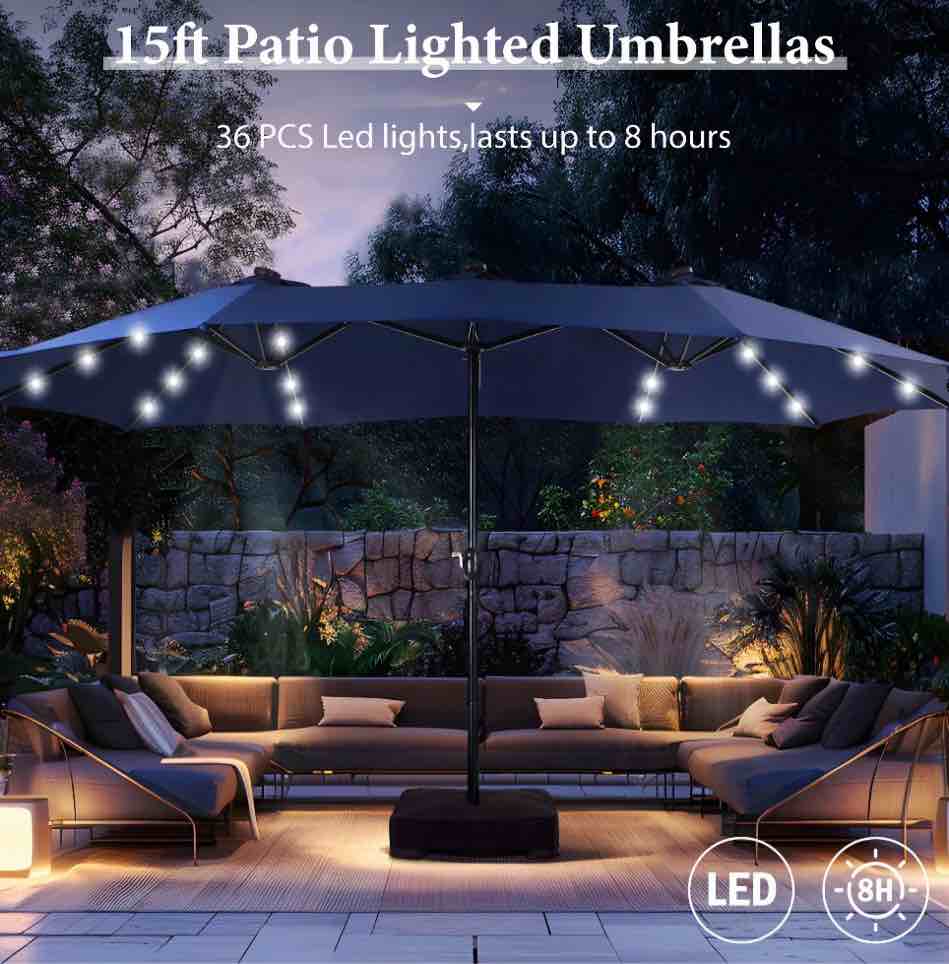 Summit Living 15ft Double-Sided Solar Patio Umbrella with Base Large Outdoor Umbrella with 36 PCs LED Lights  Navy Blue