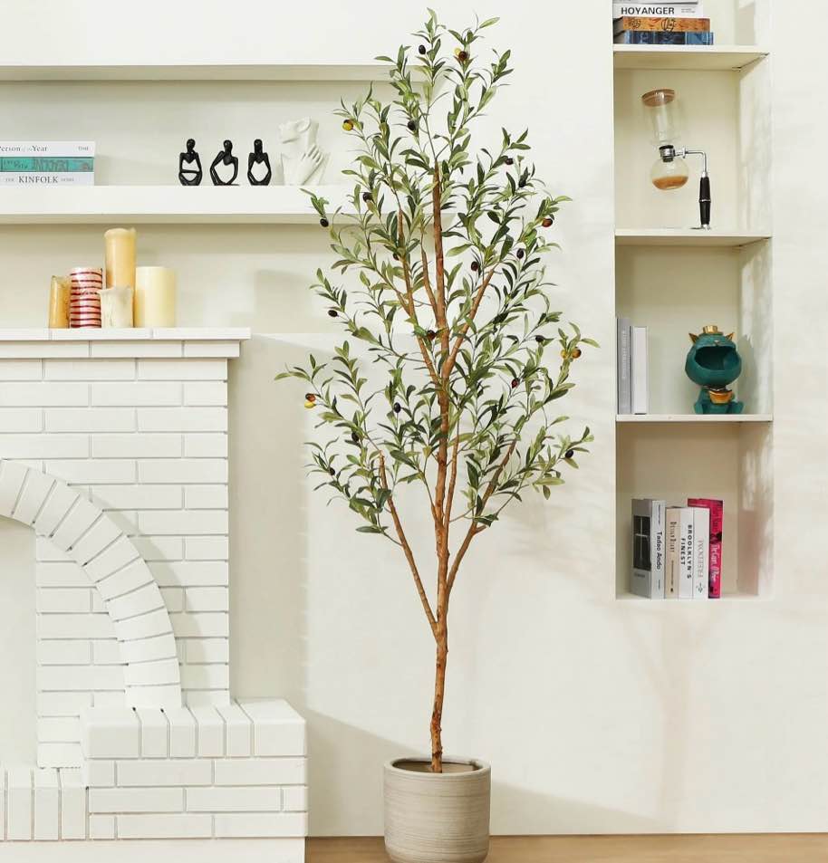 dr.planzen 6ft artificial olive tree indoor, tall faux olive tree, artificial plants with natural wood trunk and lifelike fruits for home office decor