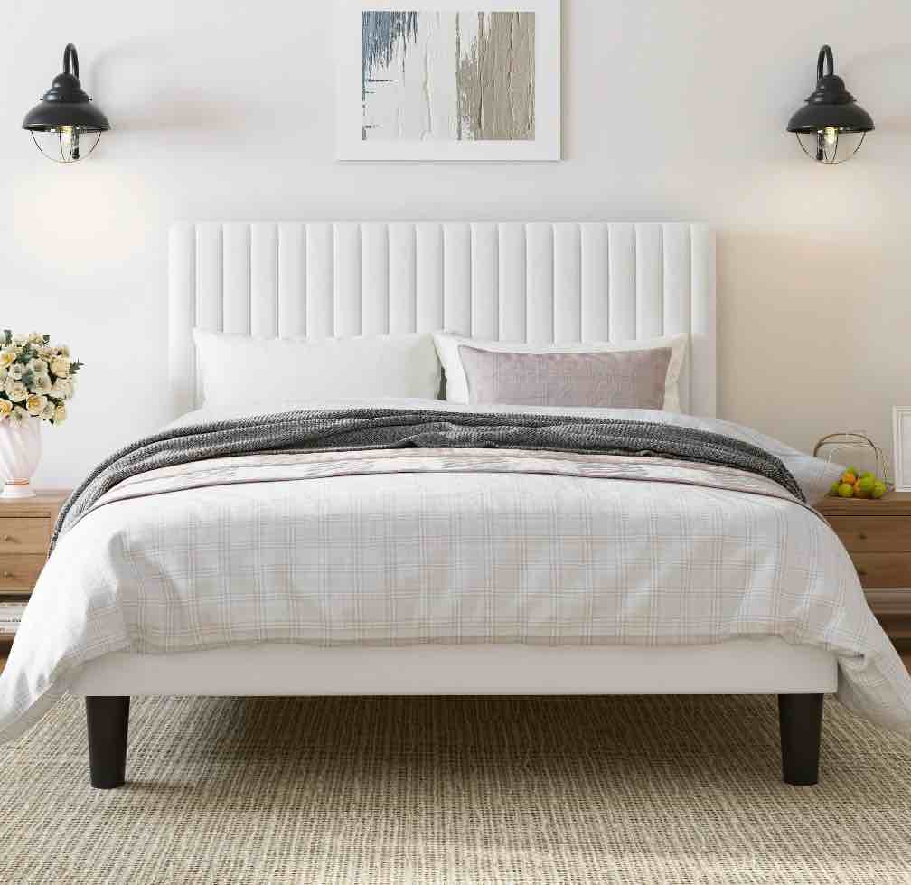 Amolife Queen Size Upholstered Platform Bed Frame With Adjustable Velvet Headboard, Off-White Queen