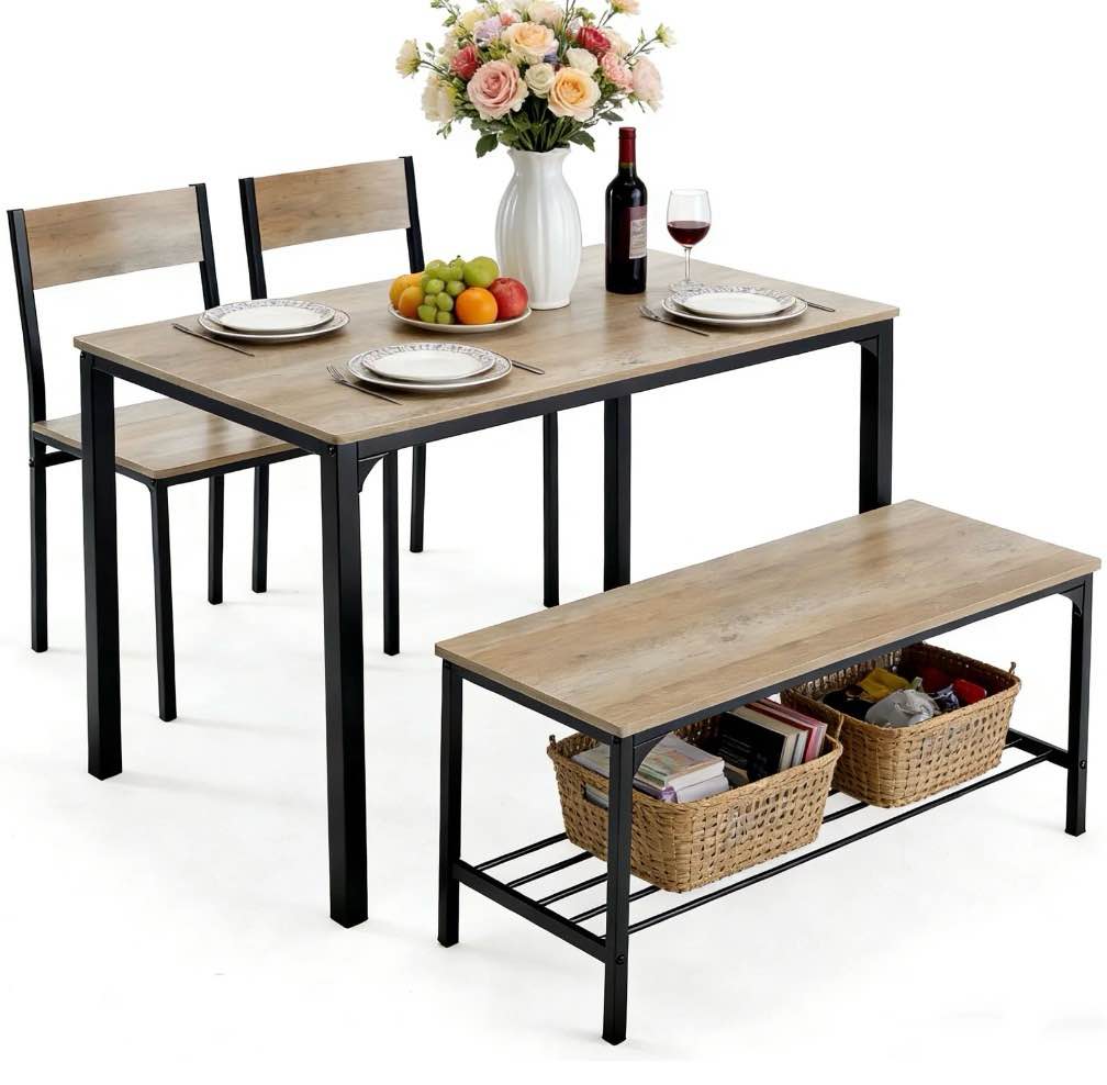 edx Dining Table and 2 Chairs for 4, Dining Bench with Metal Frame & Storage Rack, Space-Saving Ideal 4-Person Kitchen Table Set for Dinette, Small Space, Apartment, Restaurant, Gray