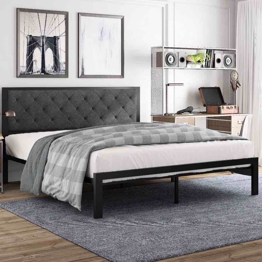 Amolife King Size Metal Bed Frame With Upholstered Headboard, Dark Grey King