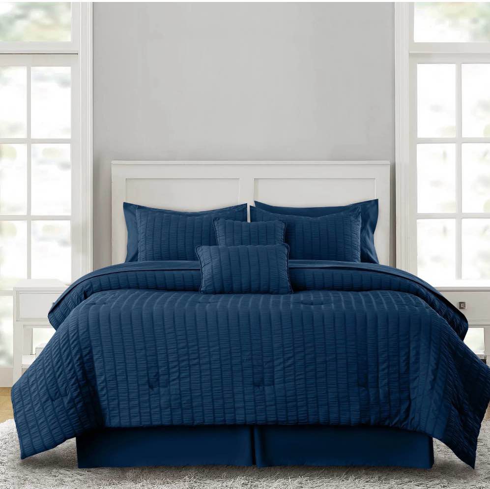 Lux Decor Collection King Seersucker Bedding Comforter Set – All-Season 5 Pieces Bed in a Bag Includes Comforter, Sheets, Pillow Shams, Bed Skirt & Decorative Pillows for Ultimate Comfort - Navy
