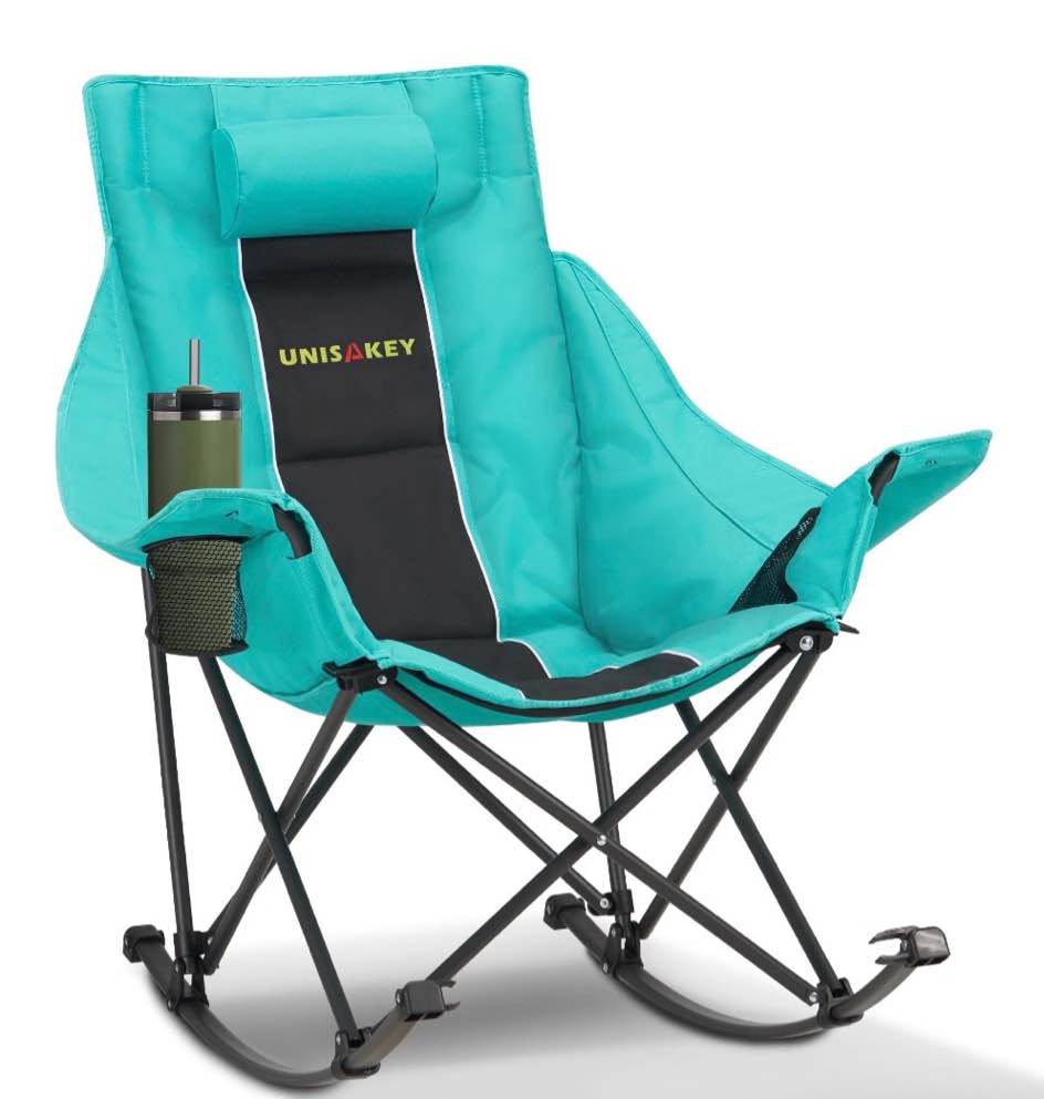 Hersunpl  Oversized Rocking Camping Chair - 400lbs Capacity, 600D Fabric, Foldable Outdoor Chair with Cup Holder & Headrest for Camping, Beach, Backyard