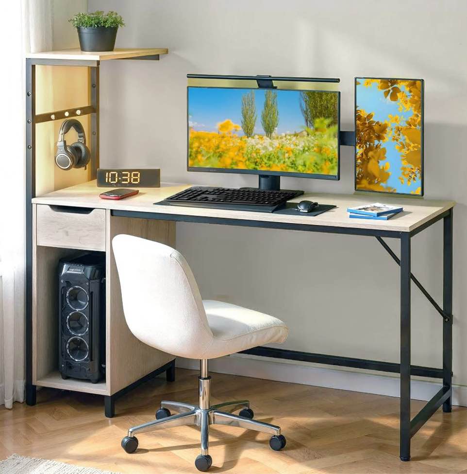 Bestier Home Office Desk Computer Gaming PC Study Table with Adjustable Shelf and LED Lights, Light Gray