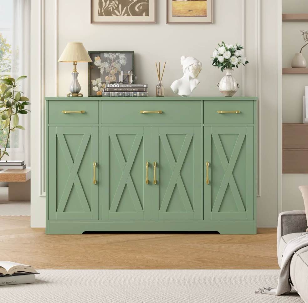 Homfa Buffet Cabinet With 3 Drawers And 4 Doors, 55.1" W Kitchen Sideboard Storage Cabinet With Adjustable Shelves, Farmhouse Coffee Bar For Dining Ro