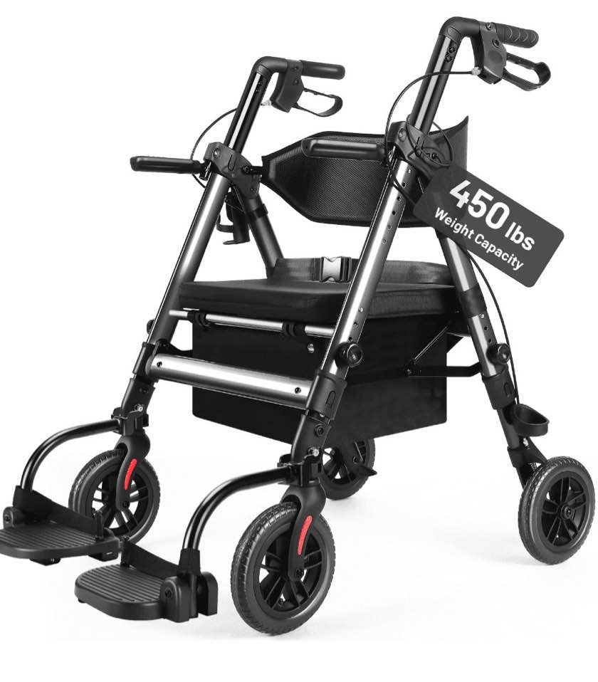 Heavy Duty Rollator Walker for Seniors with seat, Foldable 2-in-1 Rolling Walkers Wheelchair Combo for Adult , All Terrain Wheels, Adjustable Transport Chair with Brake, 450 lb. Weight Capacity