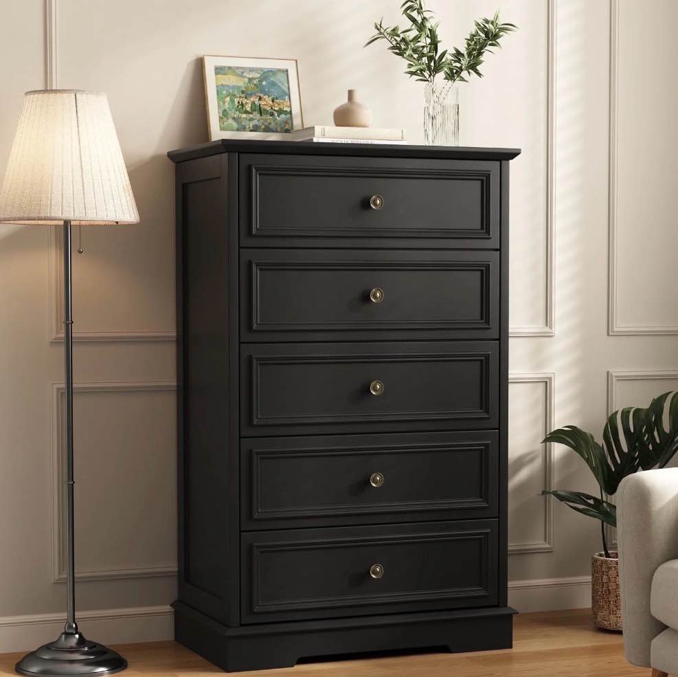 5 drawer dresser for bedroom, retro wood storage cabinet with antique bronze round handles, vintage chest of drawers with solid base for living room, hallway, entryway, guest room, black