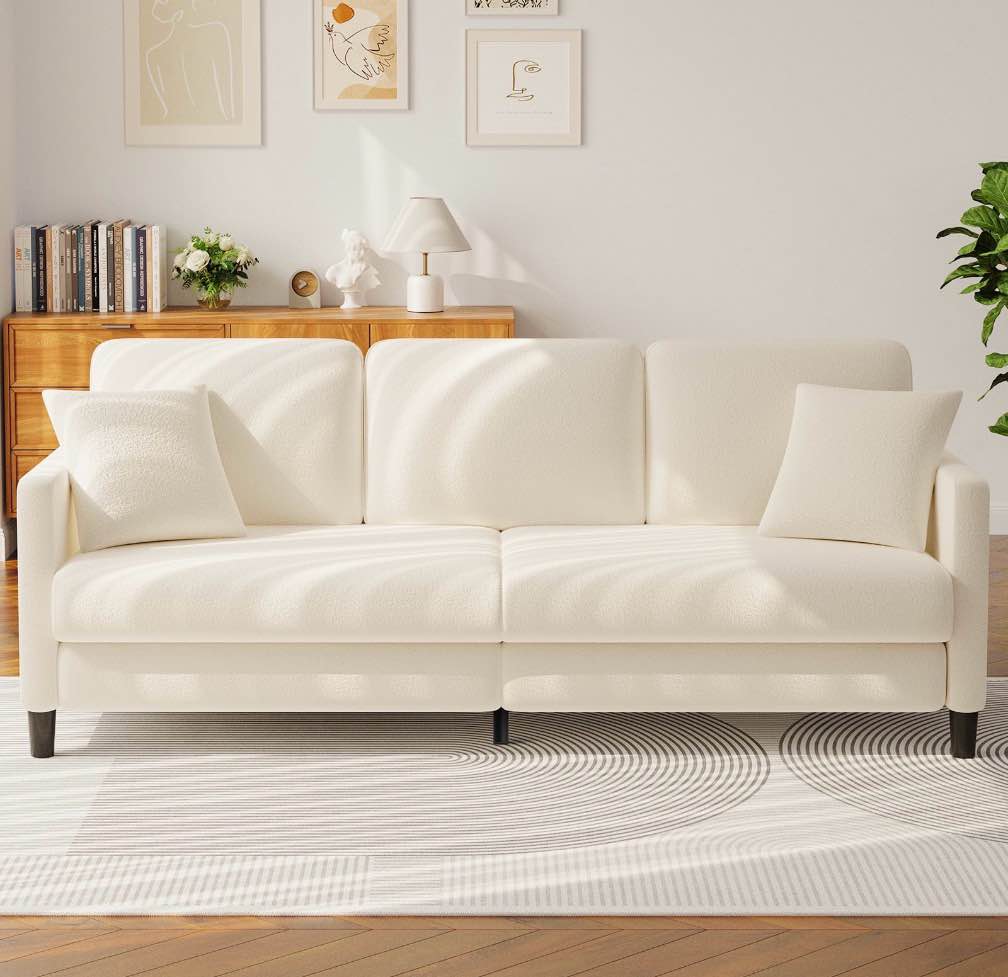 83" comfortable upholstered sofa, 3 seater couch for living room, neche big loveseat with extra deep seats , 2 pillows, beige white