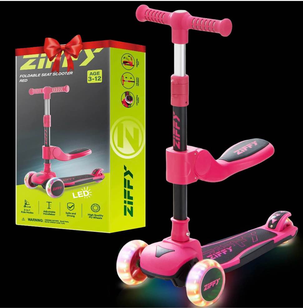 ziffy 2-in-1 toddler scooter with seat, 3 wheel led lights kids scooter,adjustable height handlebars and foldable seat, anti-slip wide deck ride with 20 dynamic led lights ,gift for boys and girls, r