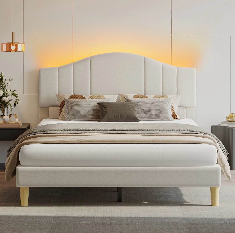 pinmoco queen upholstered bed frame with adjustable arc-shaped headboard, led platform bed, beige fabric