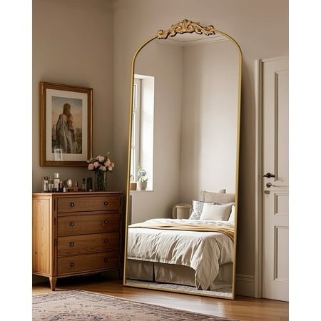 76 x34  vintage arched full-length mirror with carved metal frame  baroque-style floor mirror for living room  bedroom  entryway or hallway decor  gold