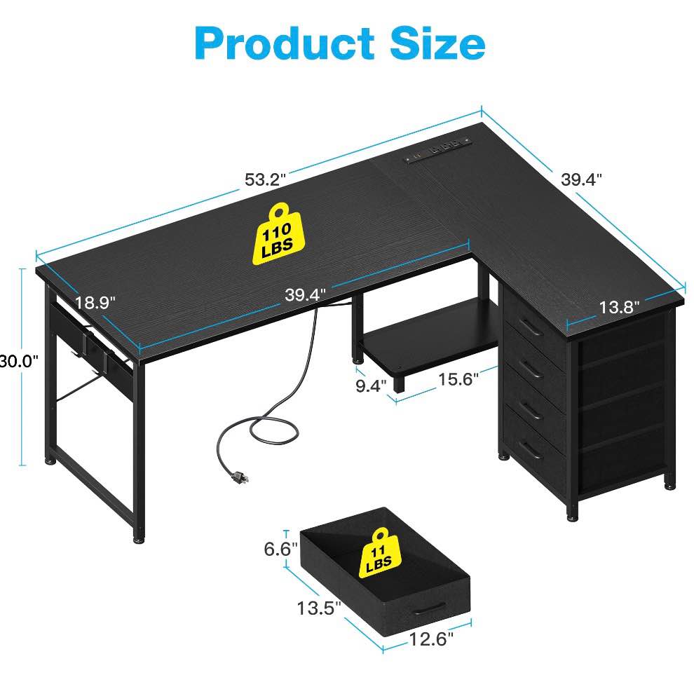 Condition photo showing Good Condition for casacomoda l shaped computer desk with charging station, 53 inch pc table study desk 4 tier drawers, modern simple style laptop desk for bedroom, black