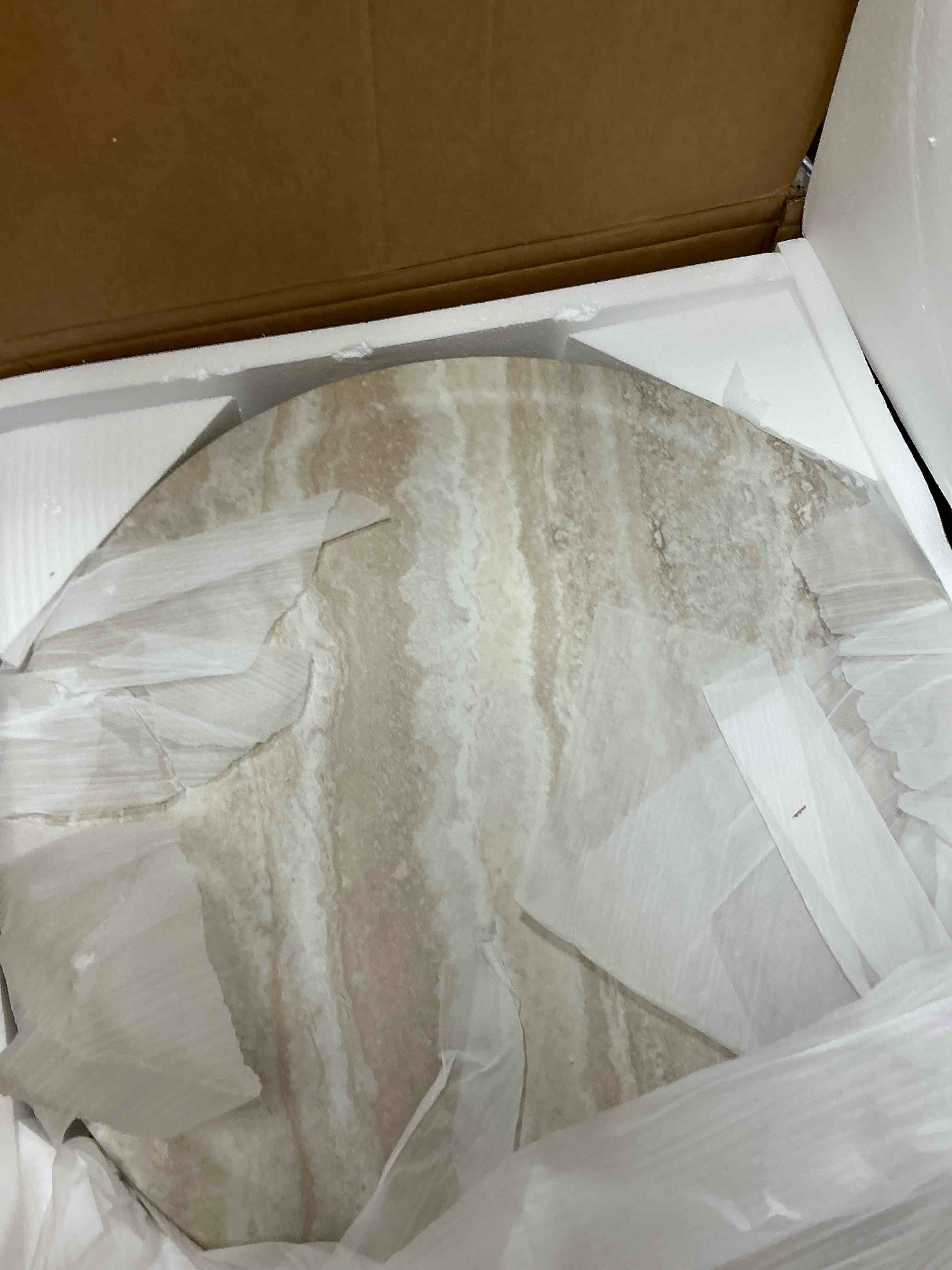 Condition photo showing New/Like New for 31.49" round coffee table for living room fiberglass circle coffee table modern drum center table for apartment, no need assembly