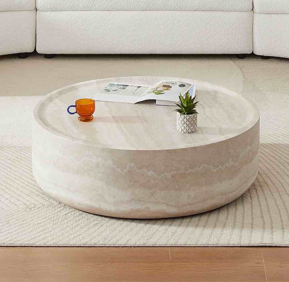 31.49" round coffee table for living room fiberglass circle coffee table modern drum center table for apartment, no need assembly